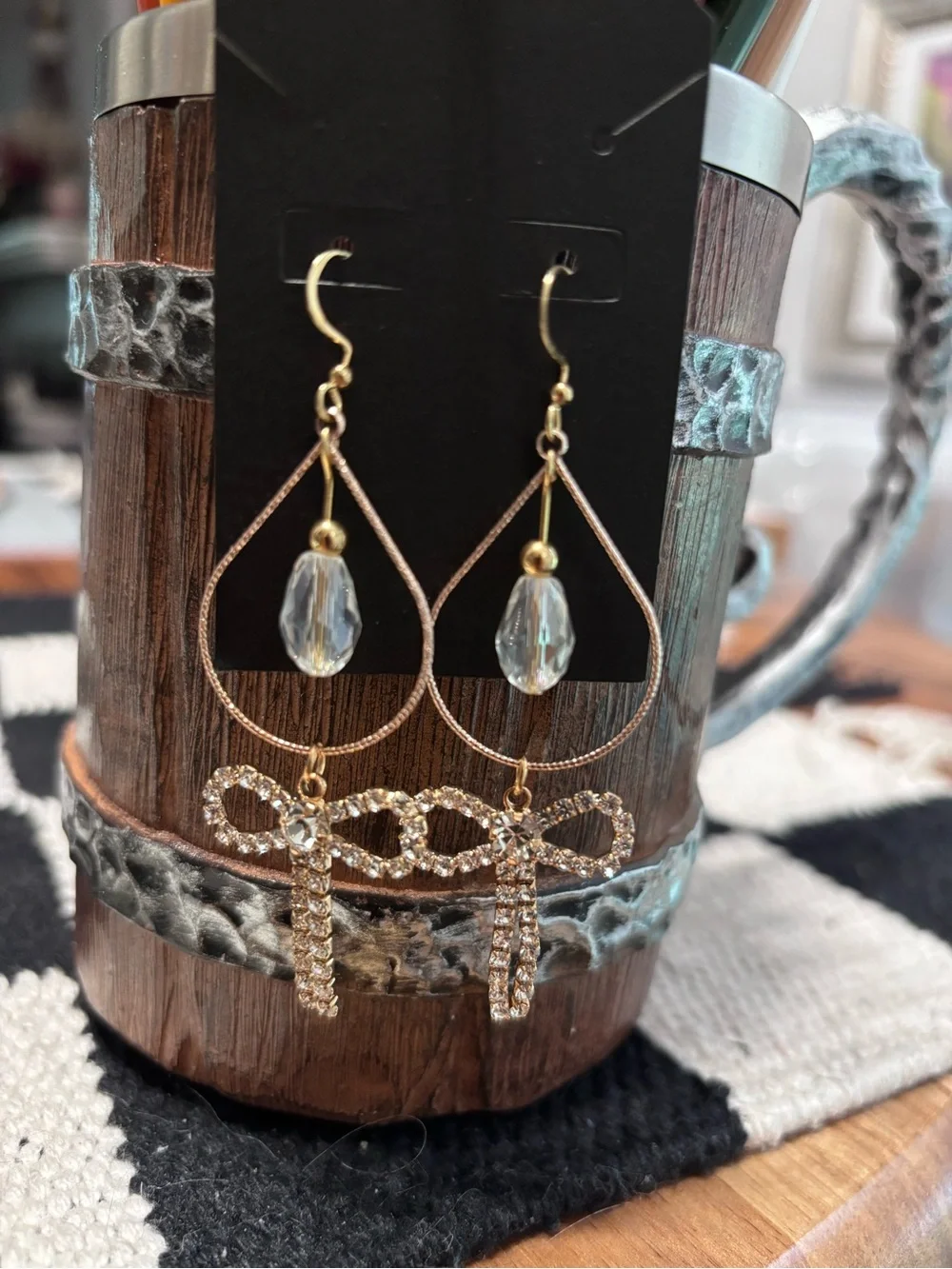 Gold Ribbon Crystal Drop Earrings